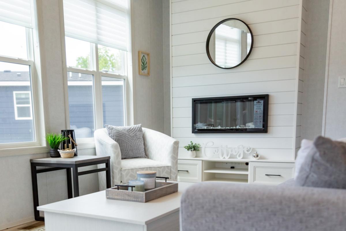 Living room at Wye Cottages Beausoliel model for sale in Midland Ontario