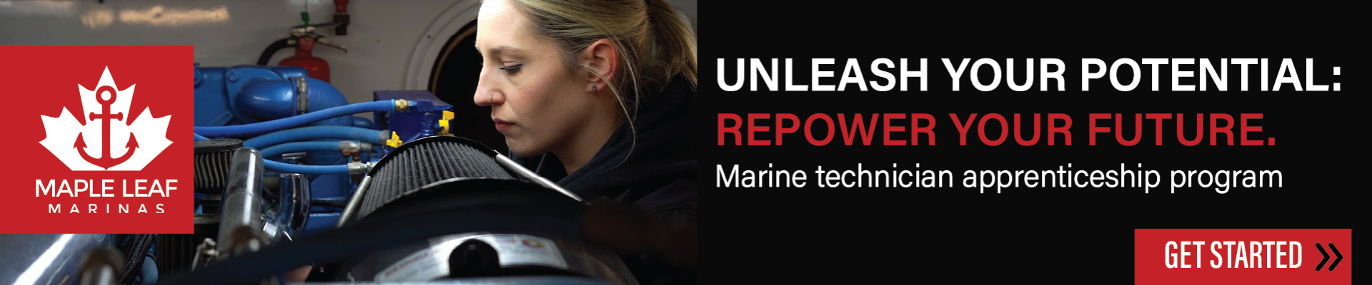 Banner Ad featuring the Marine Technician apprentice program at Maple Leaf Marinas