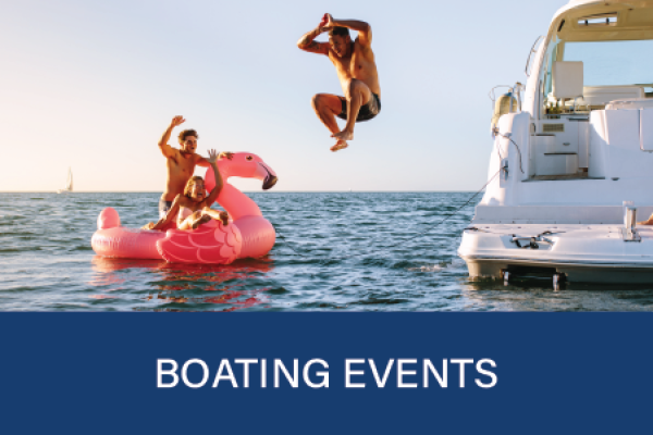 Slide image featuring man jumoing into the water on a rendezvous boating event hosted by Maple Leaf Marinason Georgian Bay