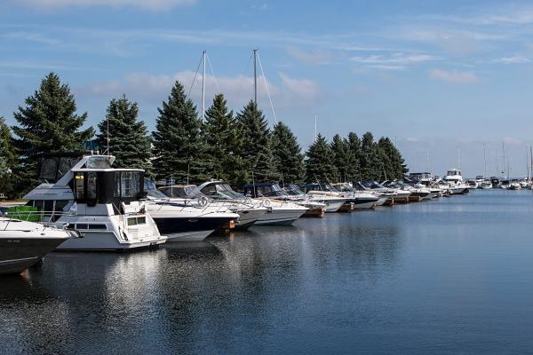 Yachts parked at Wye Heritage Marine Resort Docks on Georgian Bay in Midland