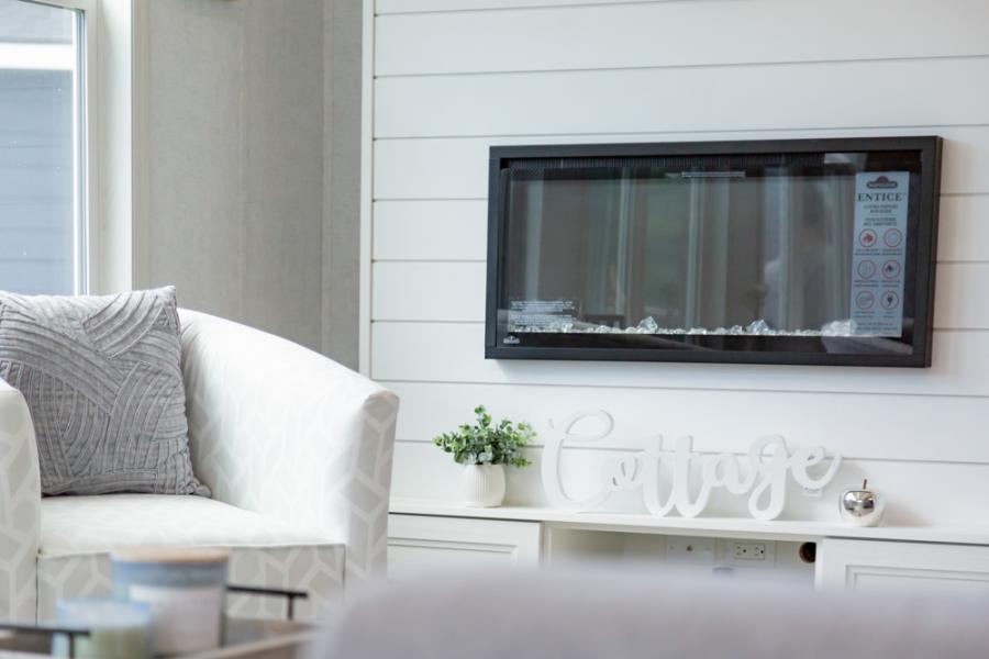 Fireplace at Wye Cottages Beausoliel model for sale in Midland Ontario