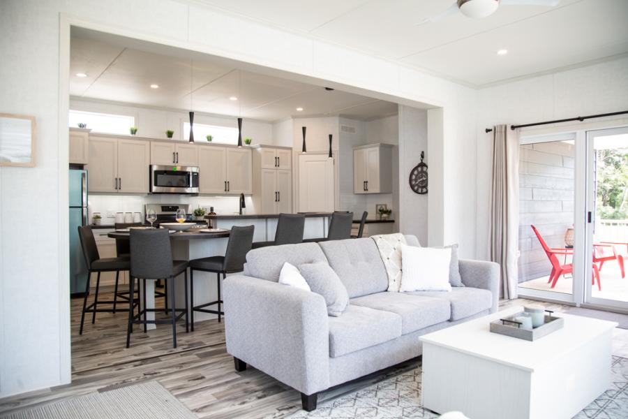 Living room kitchen area at Wye Cottages Beausoliel model for sale in Midland Ontario