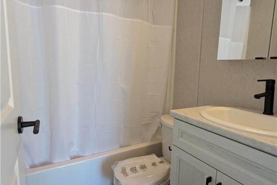 Bathroom in Sans Souci cottage model at Wye Cottages in Midland Ontario